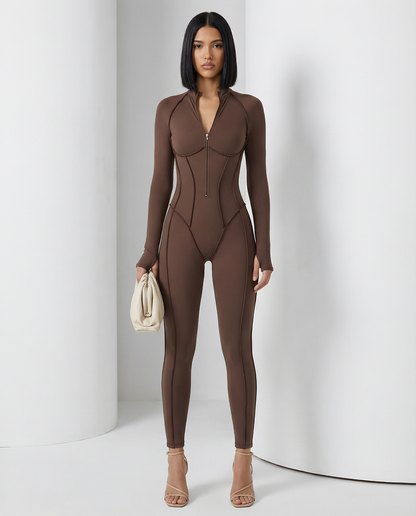 Selene Sculpt Jumpsuit in bitter chocolate with zip front and corset seaming, front view