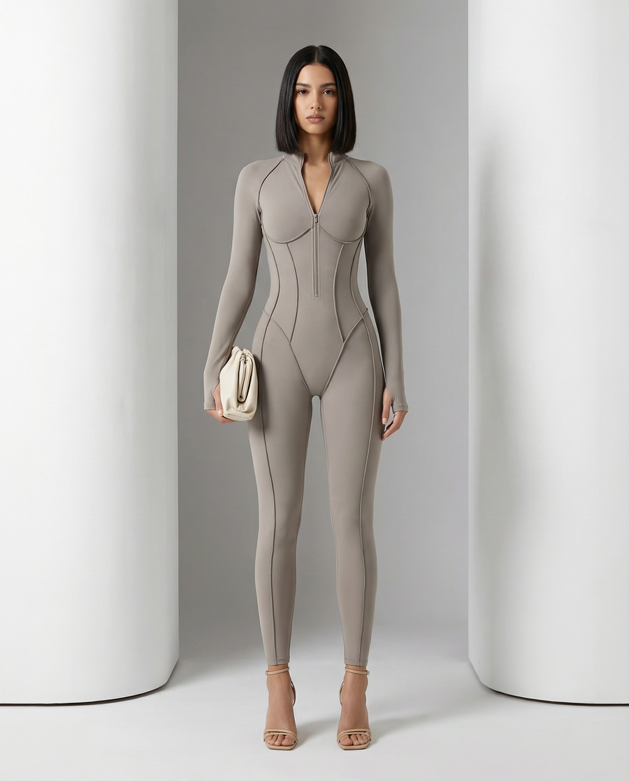 Selene Sculpt Jumpsuit in glacier grey with zip front and corset seaming, front view, full length
