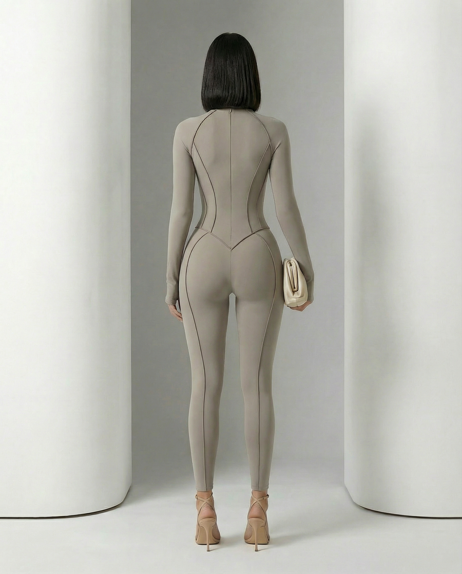 Selene Sculpt Jumpsuit in glacier grey with zip front and corset seaming, front view, full length
