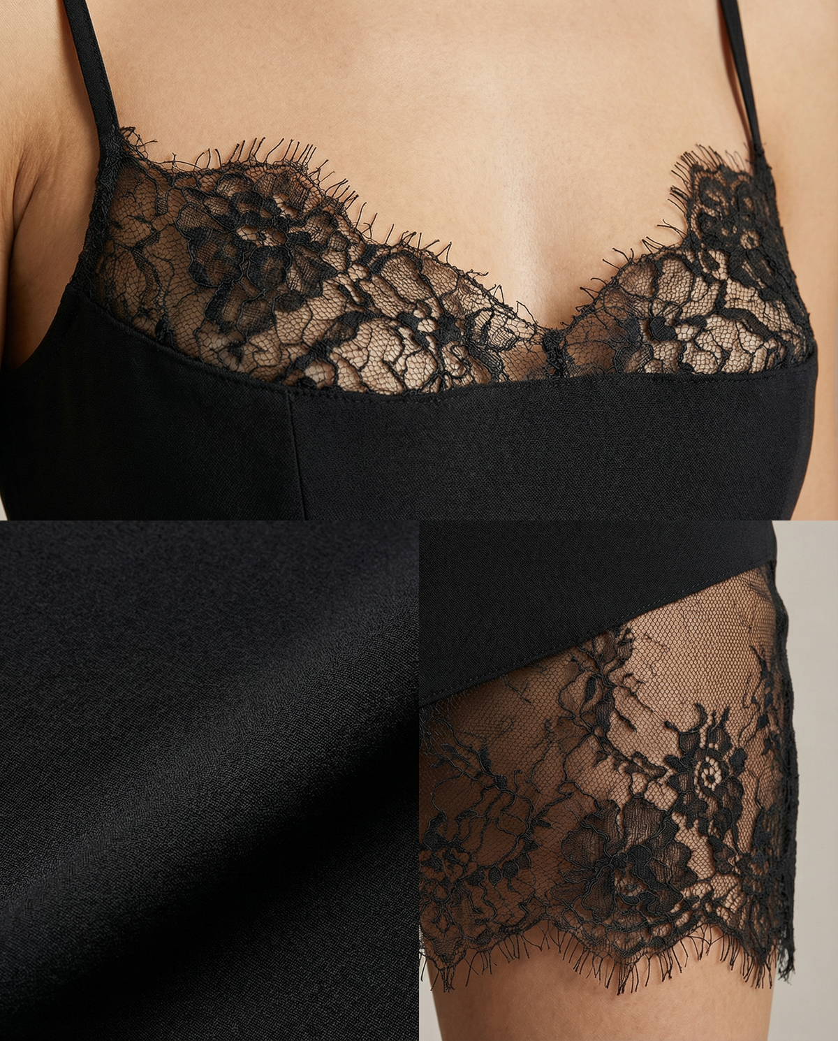 Detail panels of a black slip dress showing the lace bust trim, plain fabric and lace hem