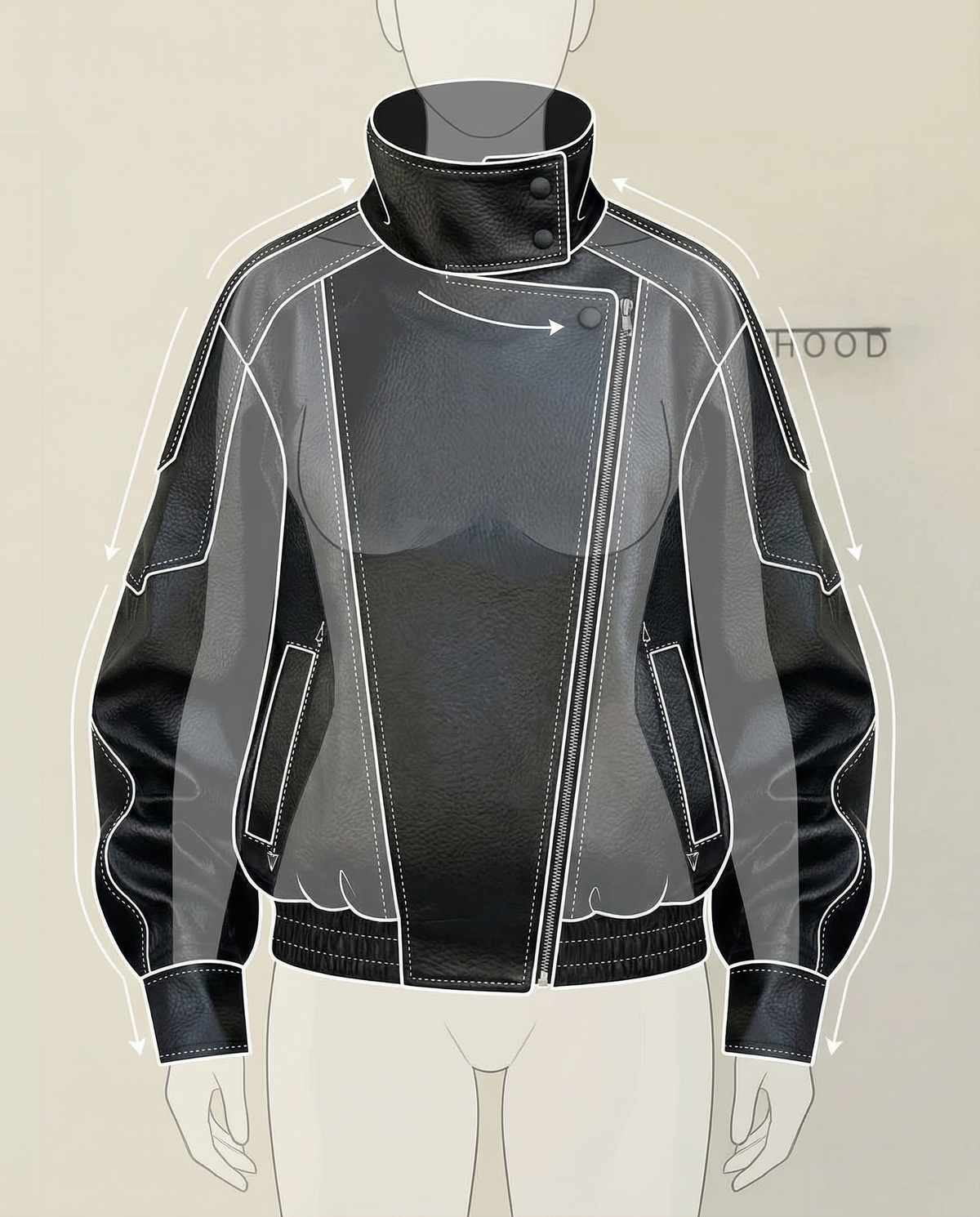 Technical illustration of a black leather jacket with callout arrows and a hood label