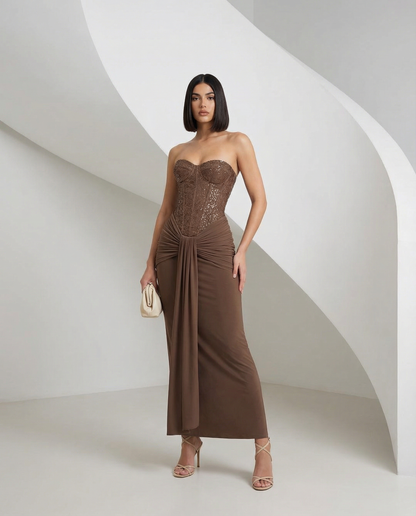 Mocha brown Siren Dress with a glittered corset bodice and draped skirt, full length front view