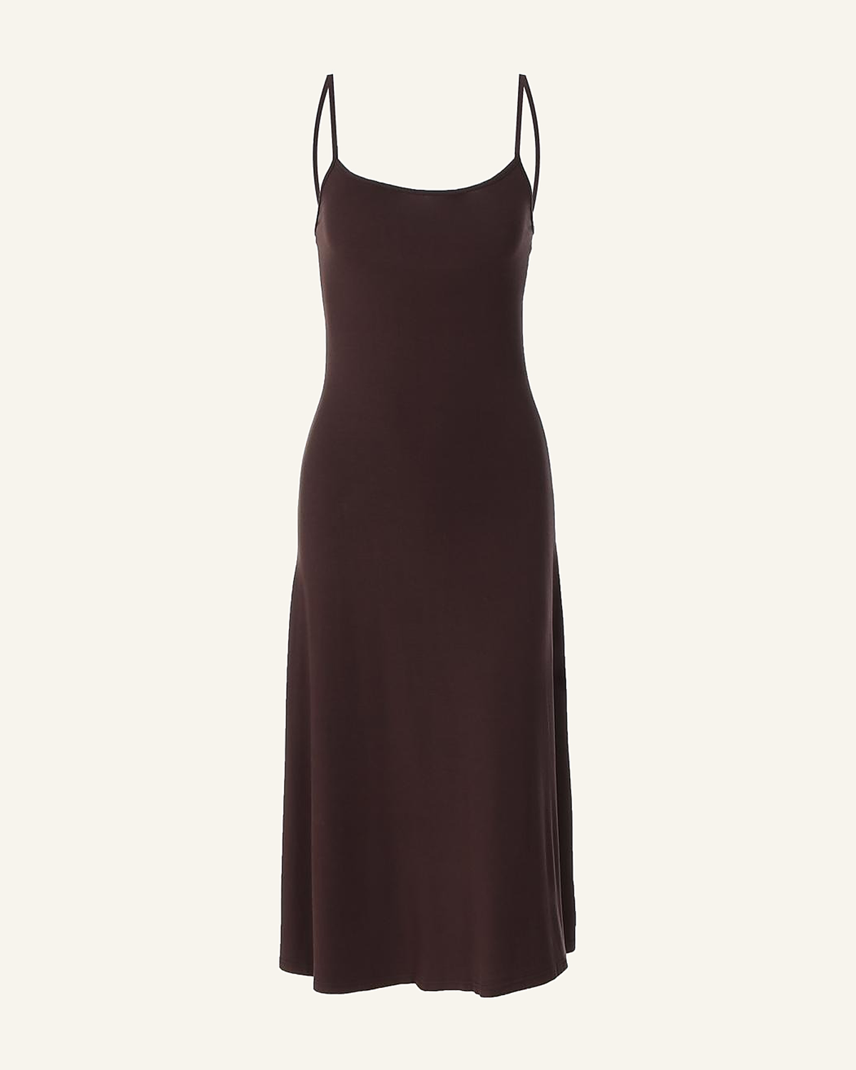 The Siv midi slip dress shown alone in espresso on a bone background, front view