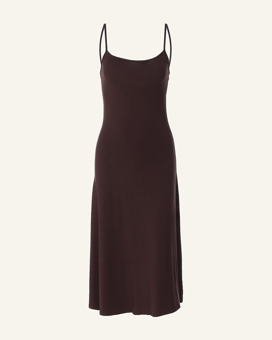 The Siv midi slip dress in espresso, front view, narrow straps and a soft A-line skirt