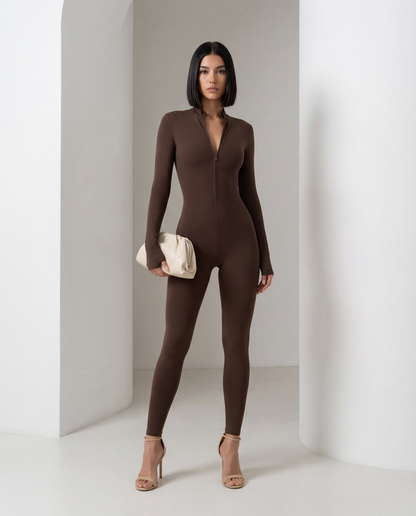 Bitter chocolate long-sleeve jumpsuit, front view showing the seamed bodice and ankle-length legs