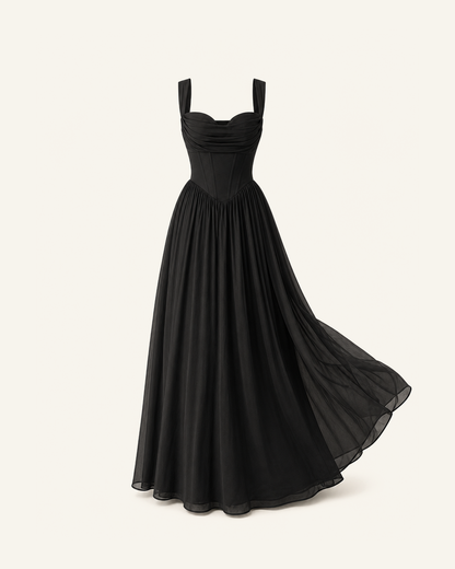 The Solveig corset gown in black, corseted bodice and full tulle skirt, shown alone against a bone background