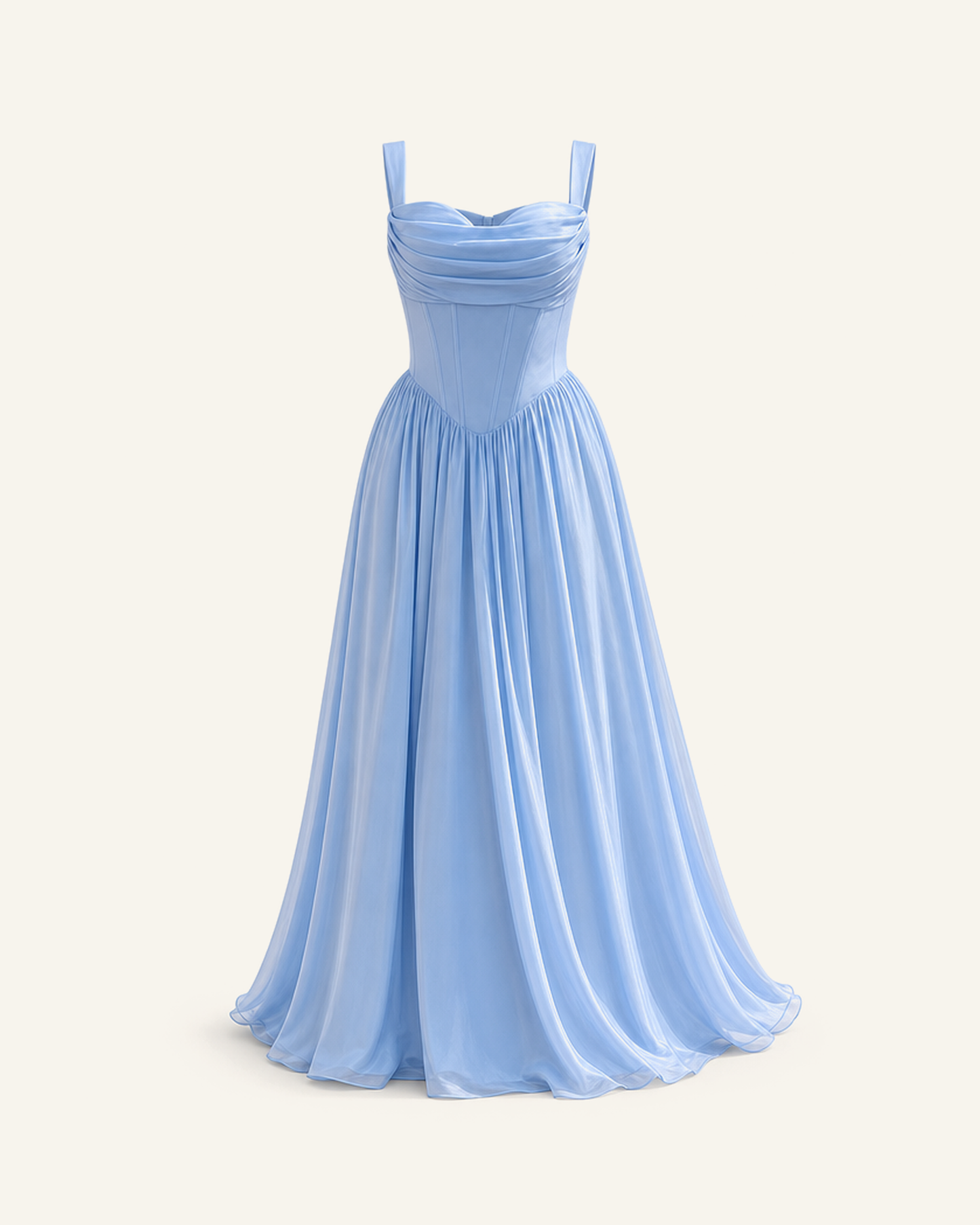 The Solveig corset gown in powder blue, corseted bodice and full tulle skirt, shown alone against a bone background