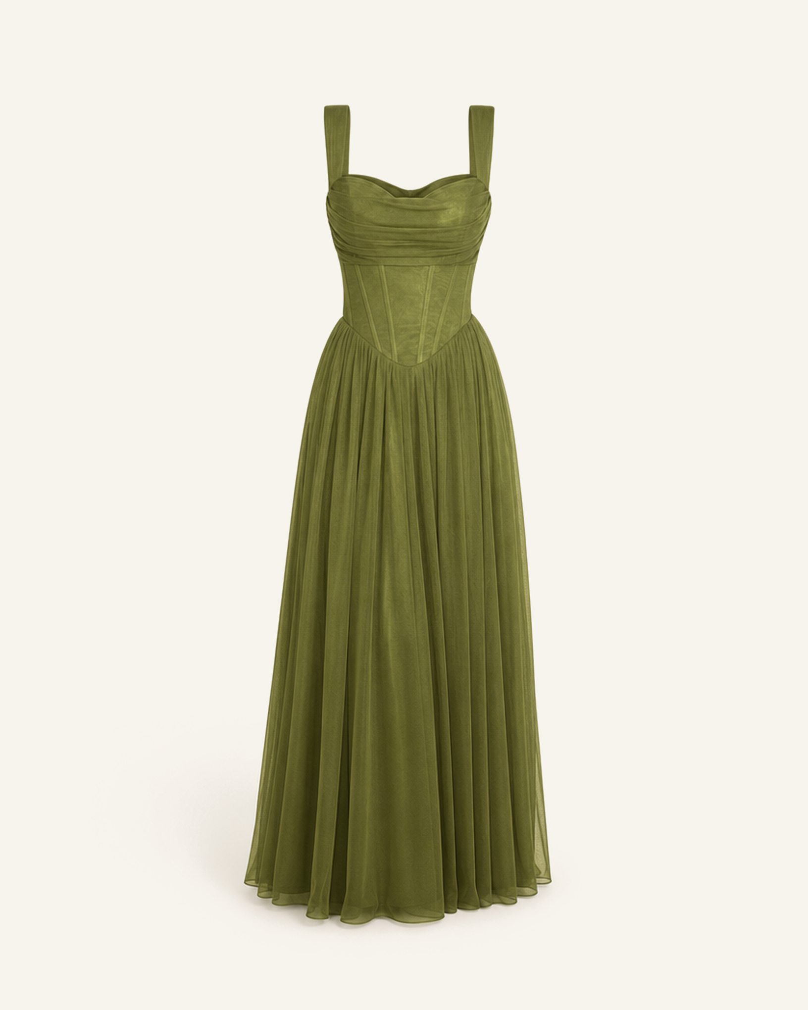 The Solveig corset gown in olive, corseted bodice and full tulle skirt, shown alone against a bone background
