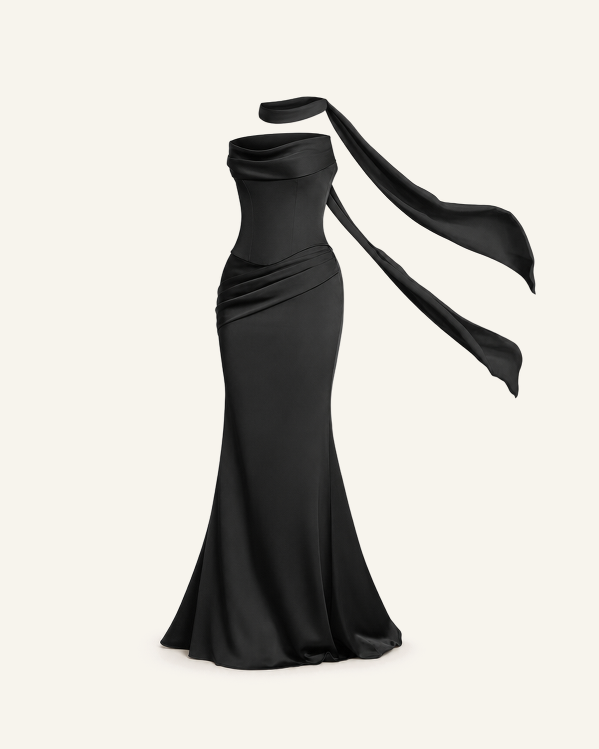 The Sorrel corset two-piece gown in black shown alone against a bone background