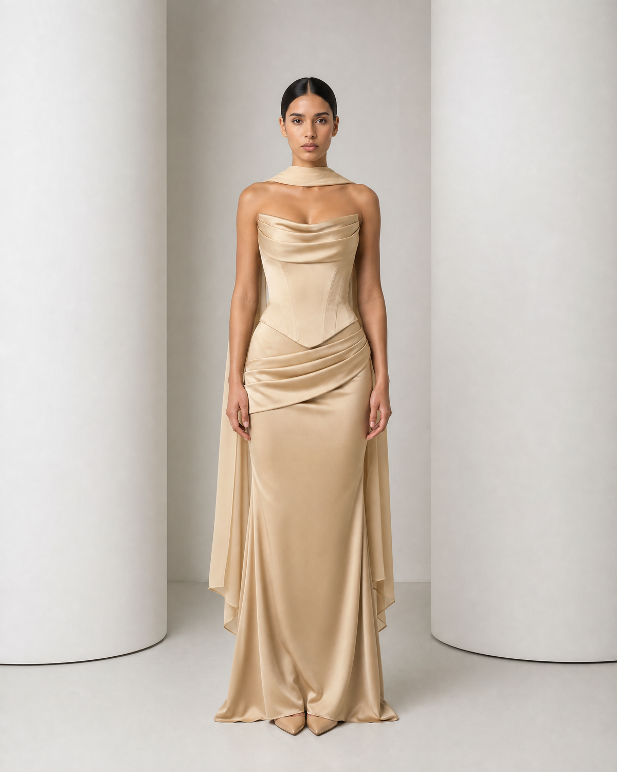 Model in the Sorrel champagne two-piece gown, corset top, mermaid skirt and chiffon scarf