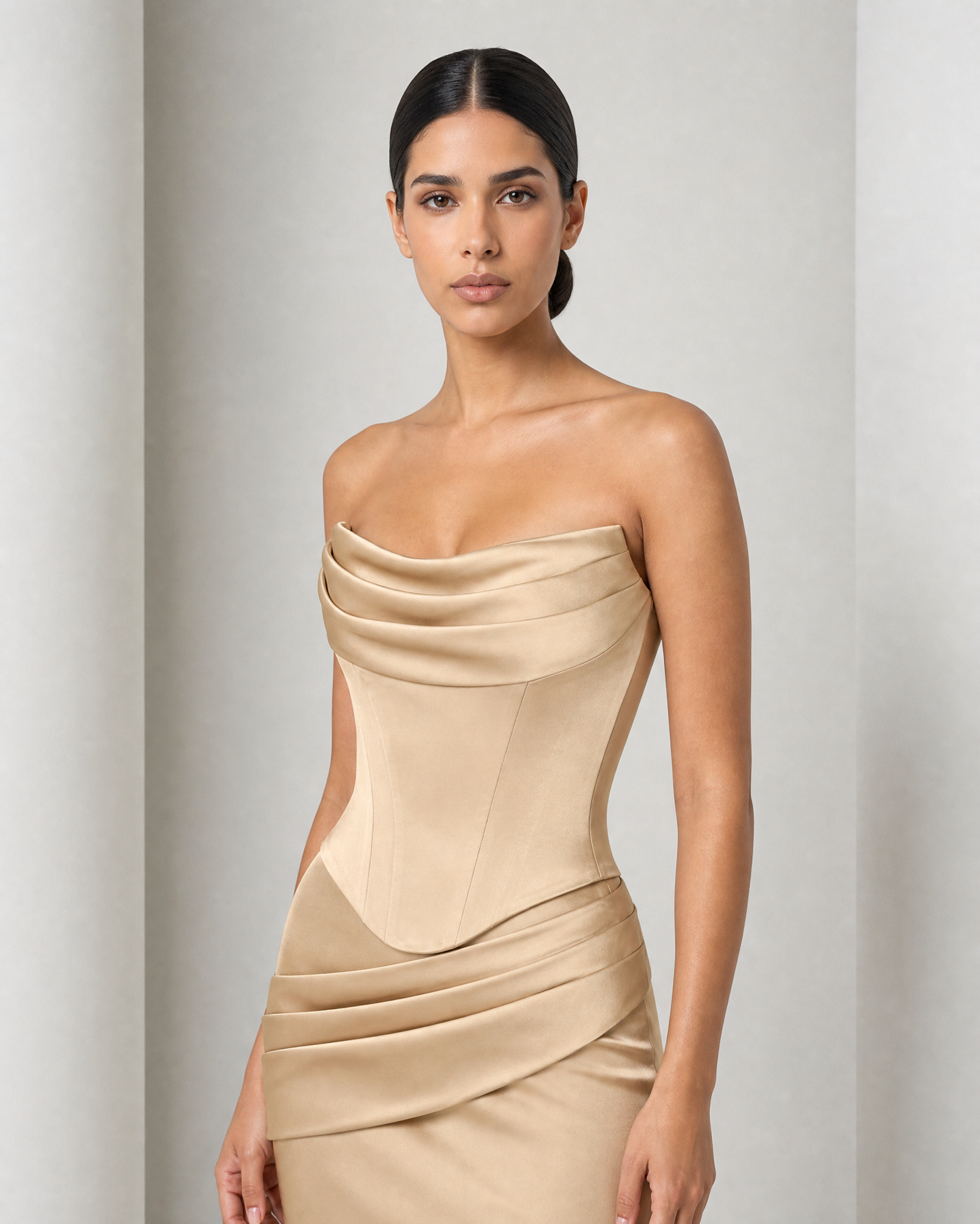 Close view of the Sorrel corset in champagne, cowl band, panel seams and the skirt sash below