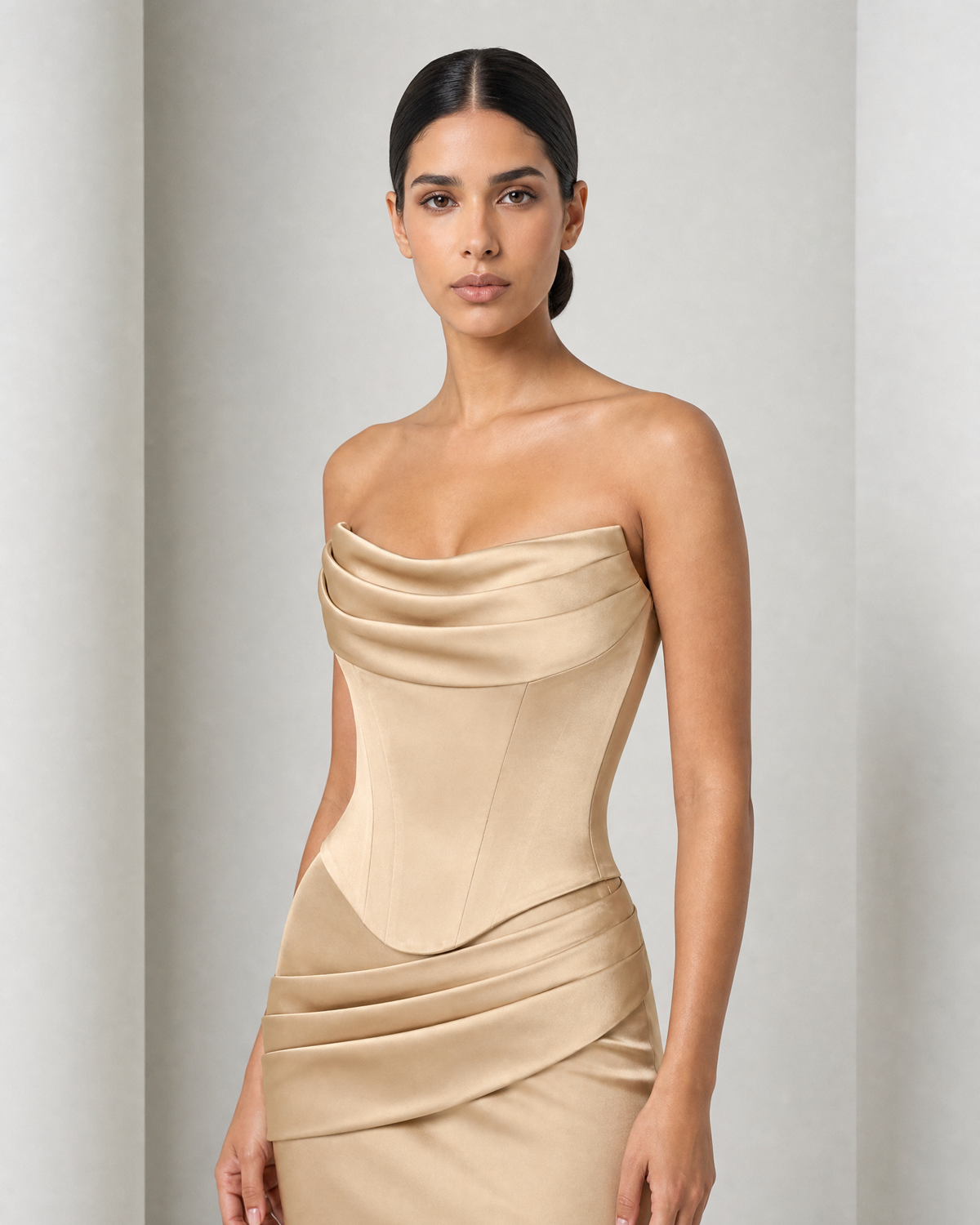 Close view of the Sorrel corset in champagne, cowl band, panel seams and the skirt sash below