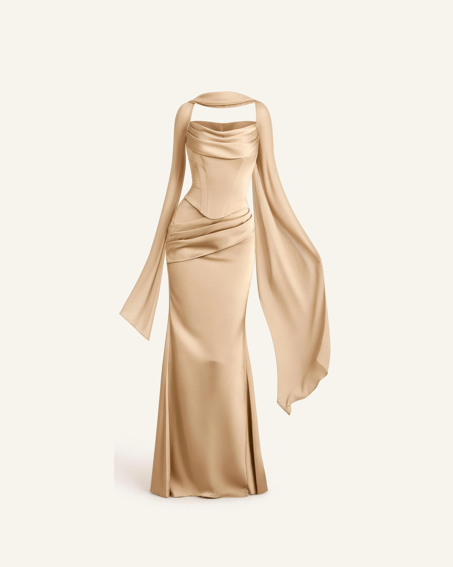 The Sorrel corset two-piece gown in champagne shown alone against a bone background