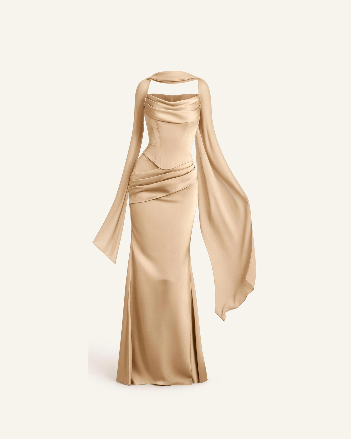 The Sorrel corset two-piece gown in champagne shown alone against a bone background