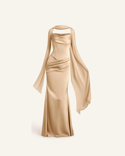 The Sorrel corset two-piece gown in champagne shown alone against a bone background