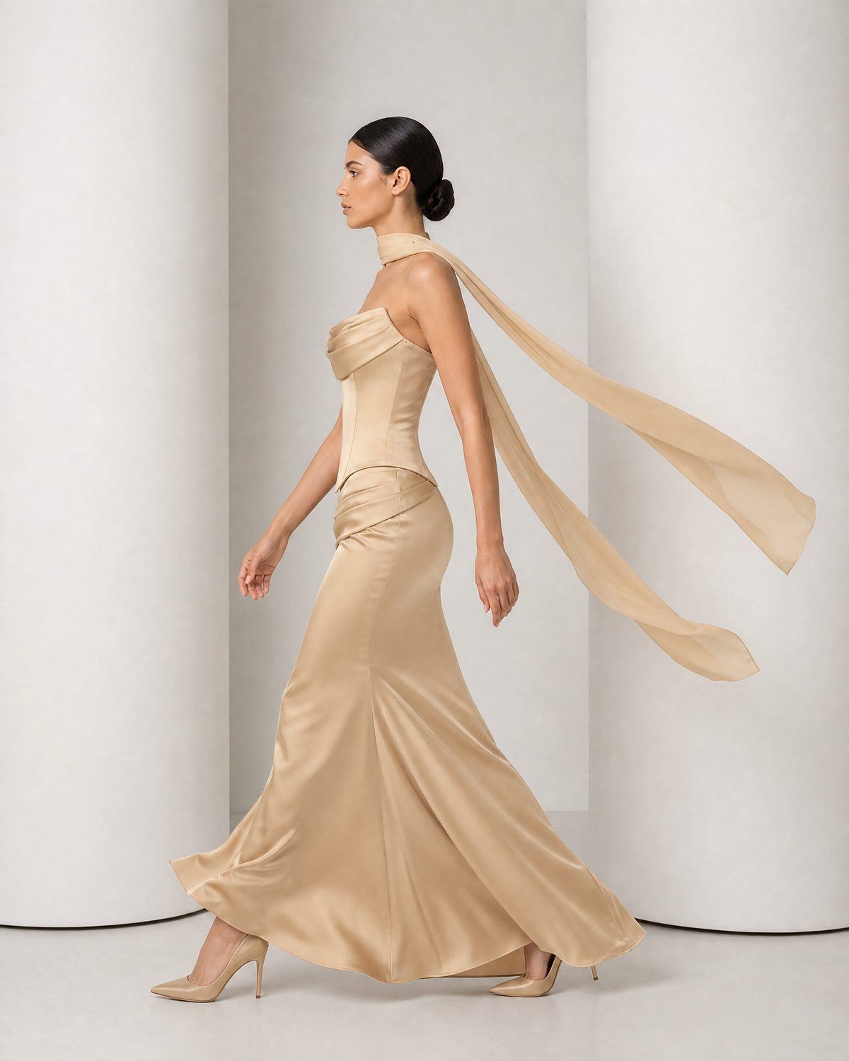 Side view of the Sorrel champagne gown in movement, scarf tails trailing and mermaid hem swinging