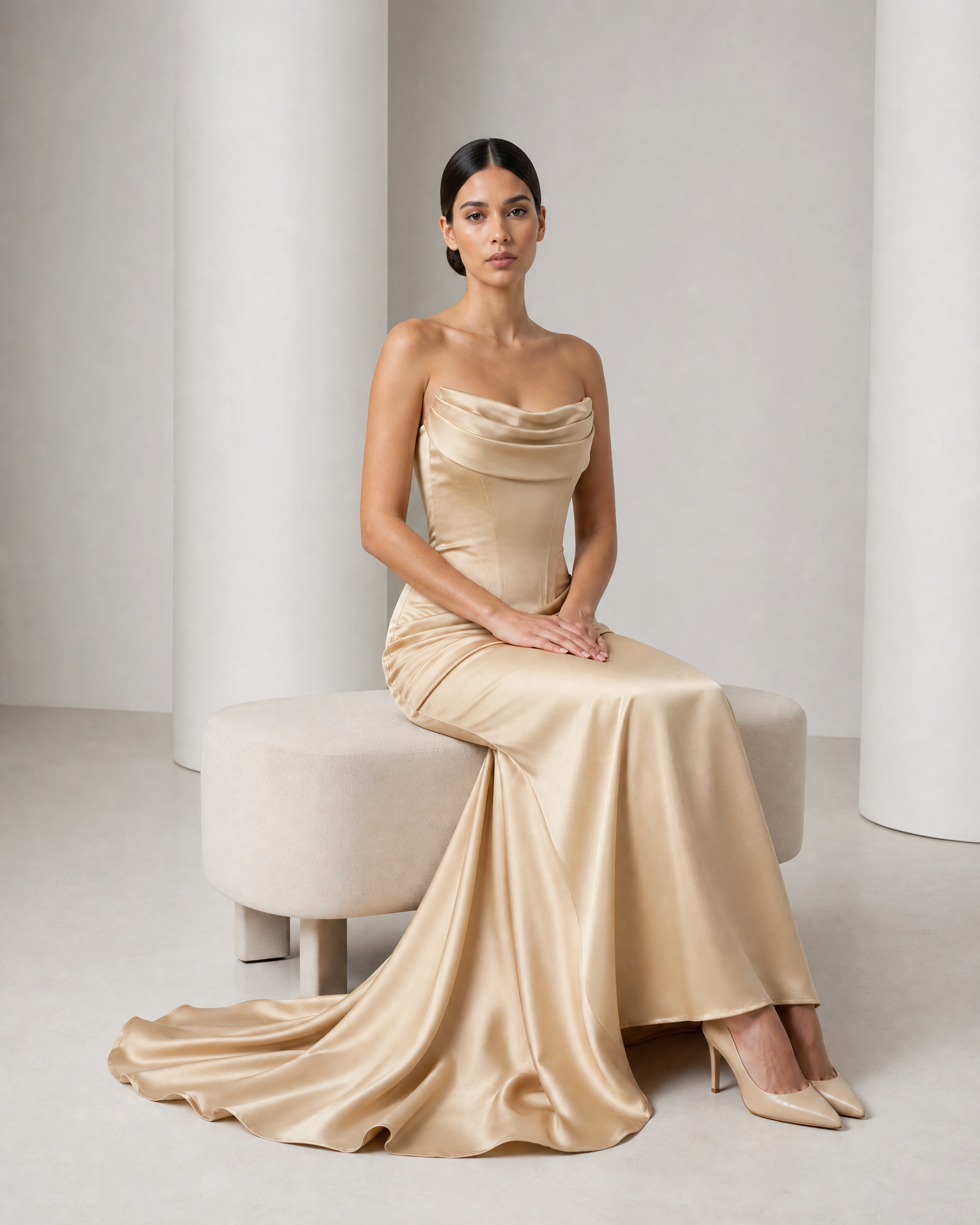 Model seated in the Sorrel champagne two-piece, strapless corset and the skirt spread wide
