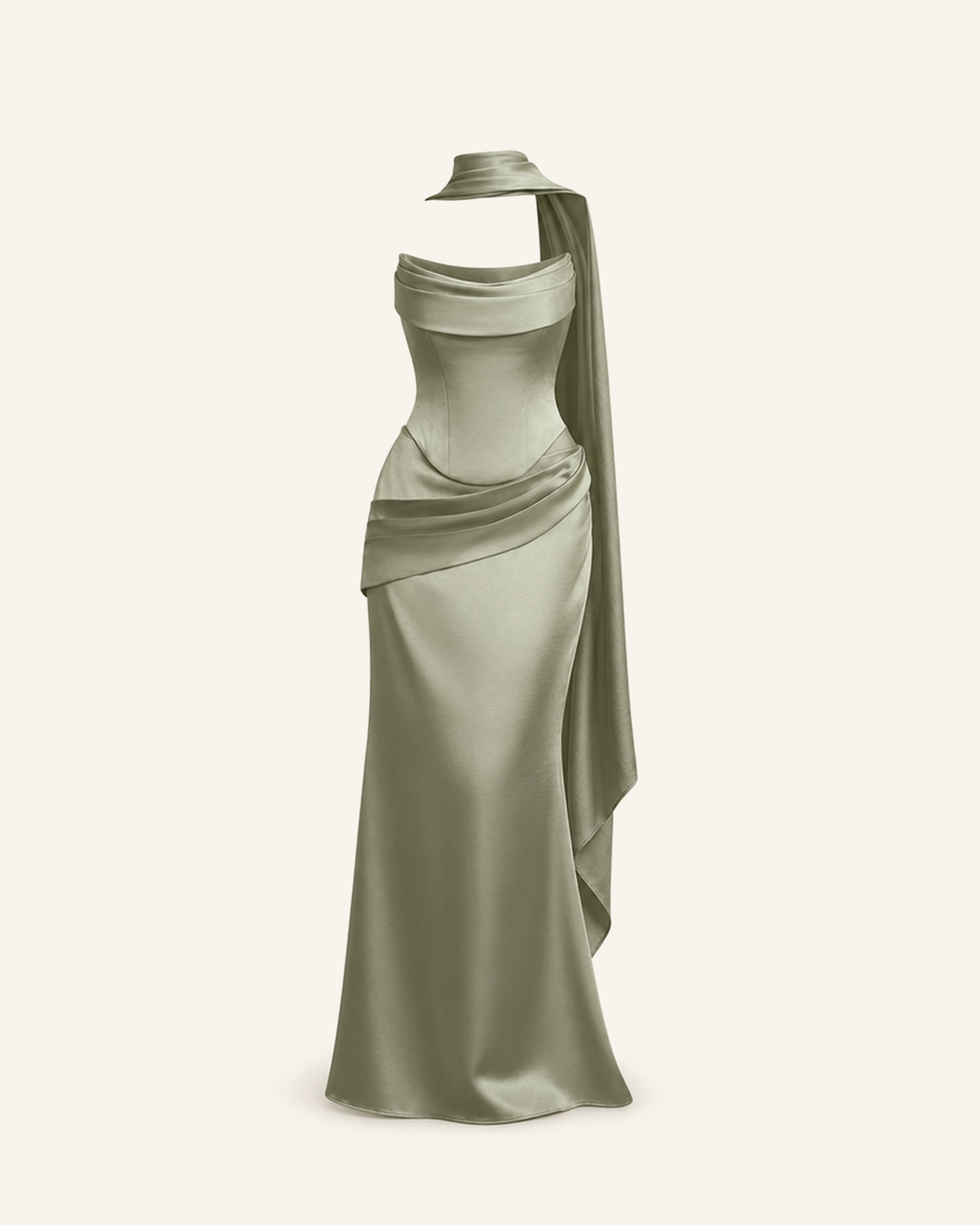 The Sorrel corset two-piece gown in sage green shown alone against a bone background