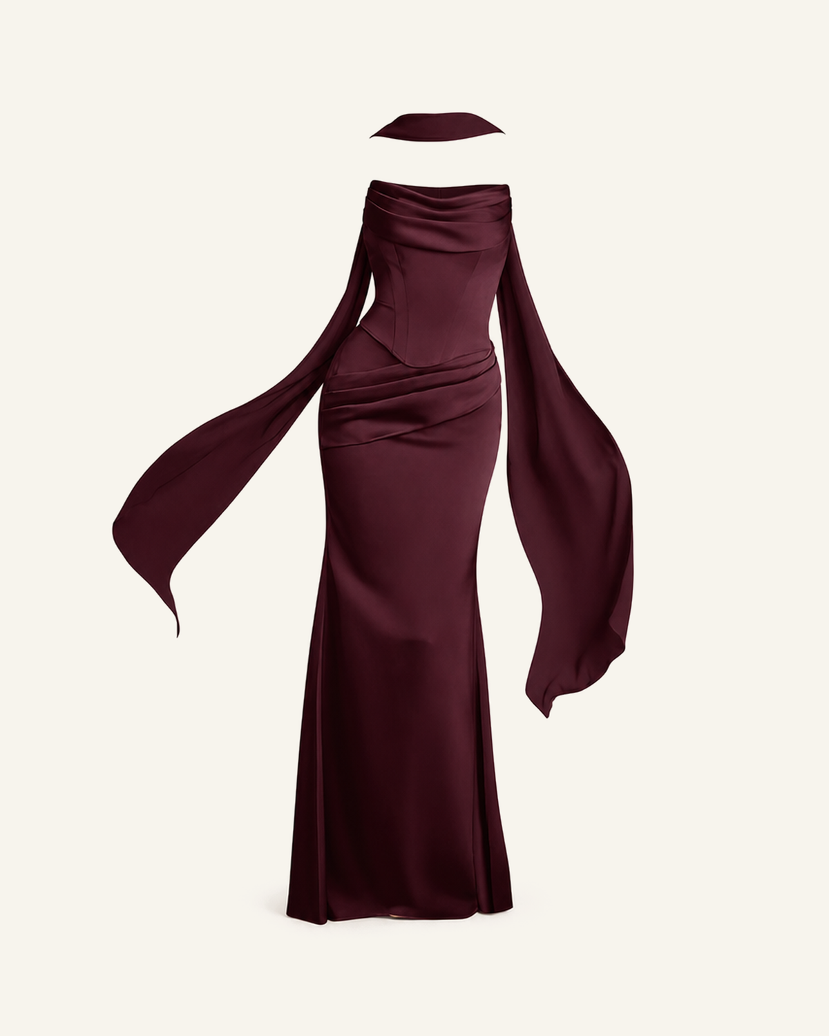 The Sorrel corset two-piece gown in deep wine shown alone against a bone background