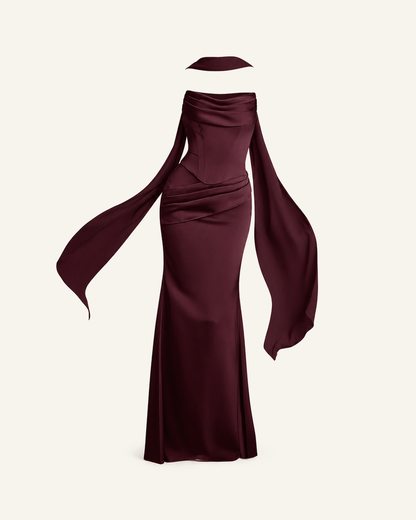 The Sorrel corset two-piece gown in deep wine shown alone against a bone background