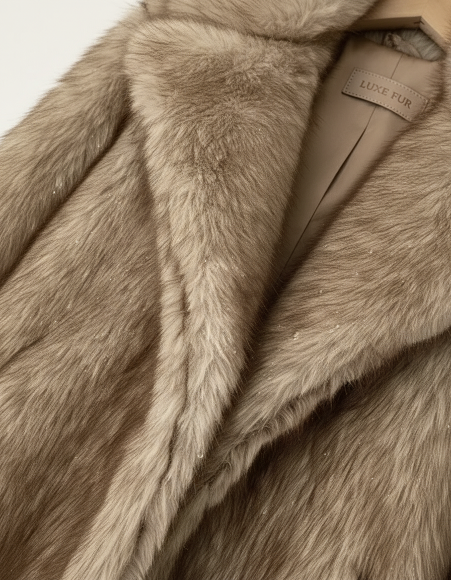Close detail of taupe faux-fur pile and the satin lining at the lapel of a Boreal Luxe coat