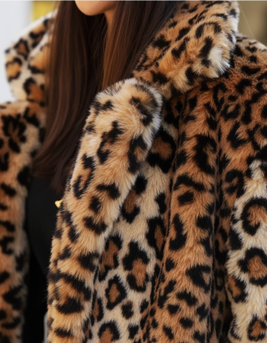 Macro detail of leopard-print faux-fur pile across the collar and lapel of a coat