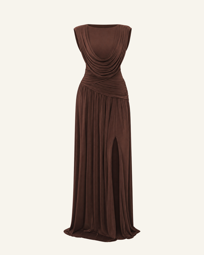 The Thora convertible cowl gown in chocolate brown, shown alone against a bone background, full length