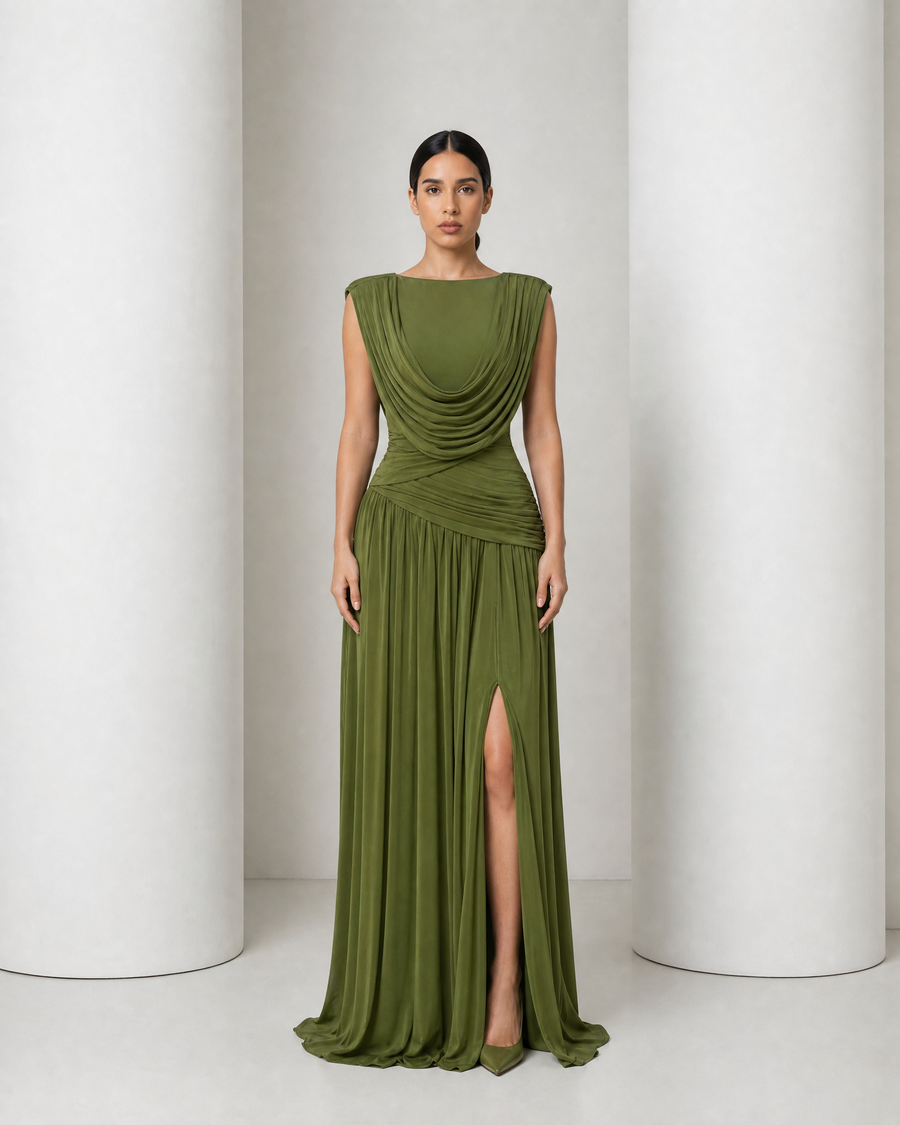 Model in the olive Thora gown, draped cowl neckline, ruched waist and gathered floor-length skirt