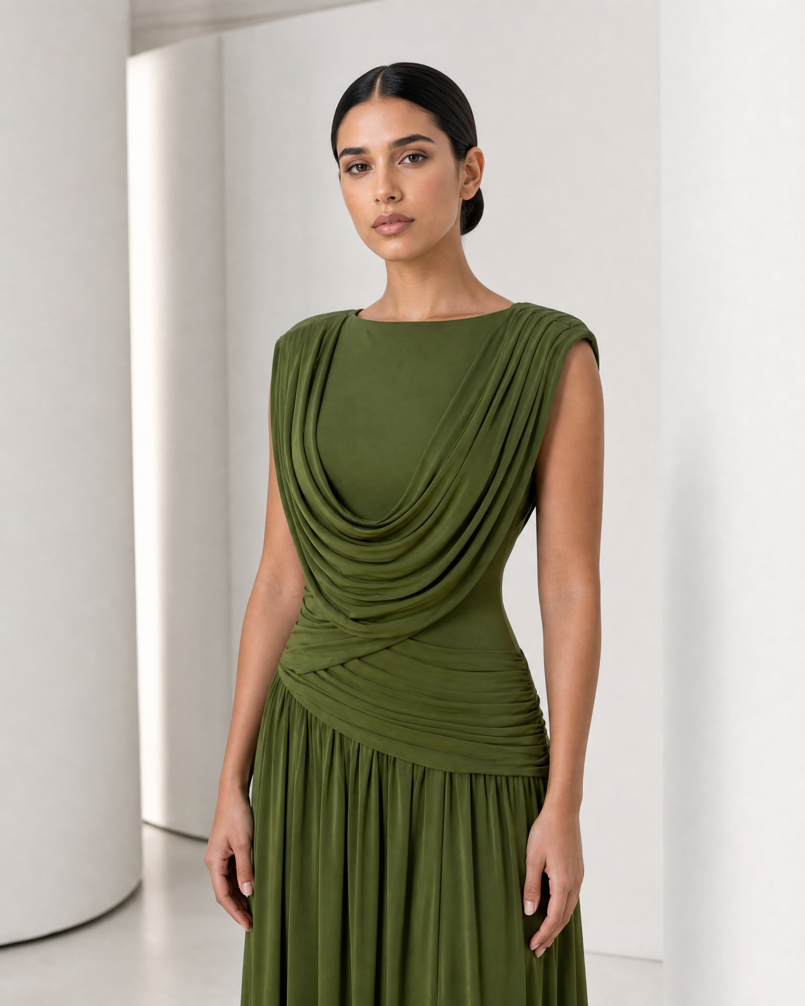 Close view of the Thora bodice in olive, the high boat neck and the soft cowl fold below it