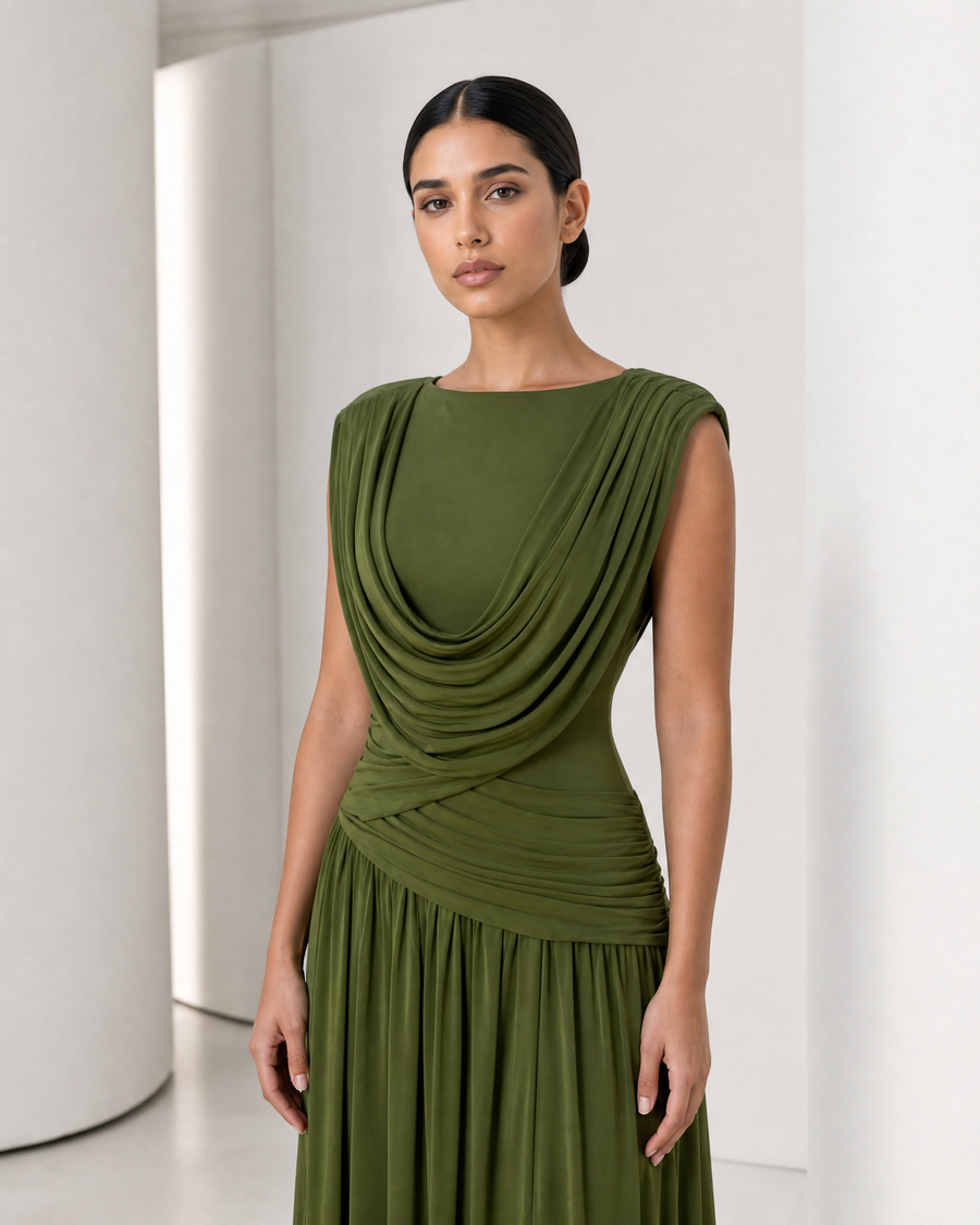 Model in the olive Thora gown, draped cowl neckline, ruched waist and gathered floor-length skirt