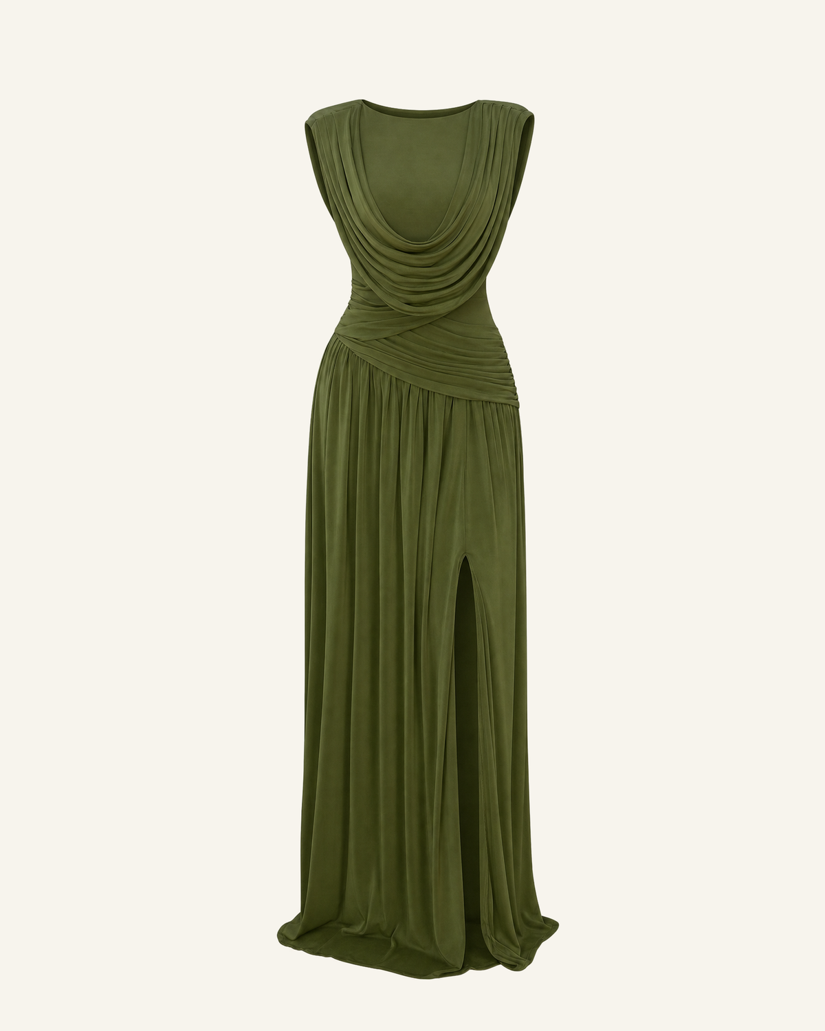The Thora convertible cowl gown in olive shown alone against a bone background, full length