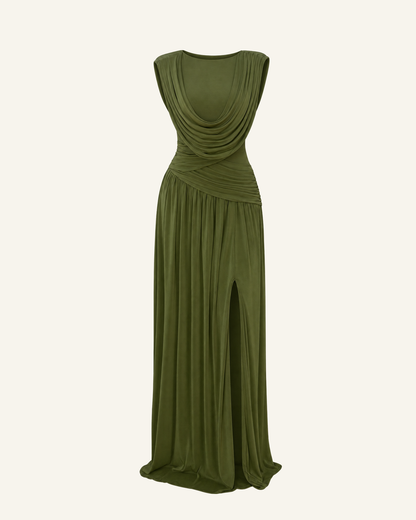 The Thora convertible cowl gown in olive shown alone against a bone background, full length