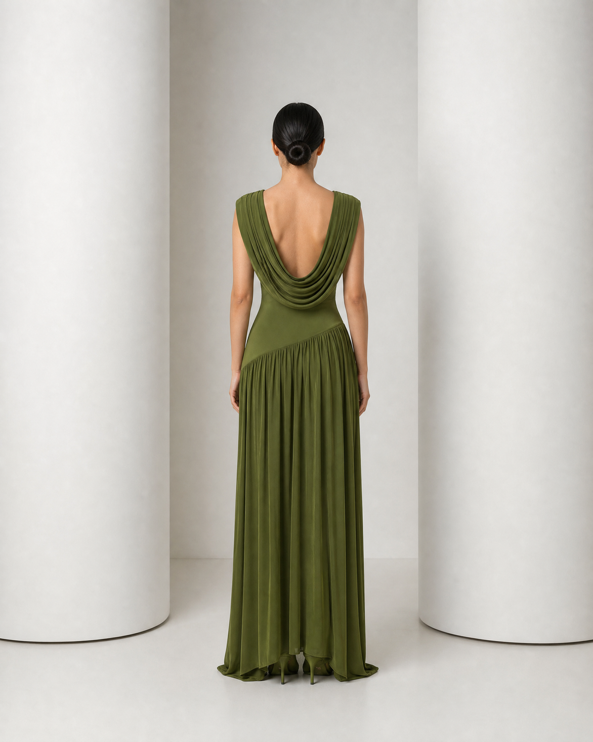 Back of the olive Thora gown, the deep cowl scooping low between the shoulder blades