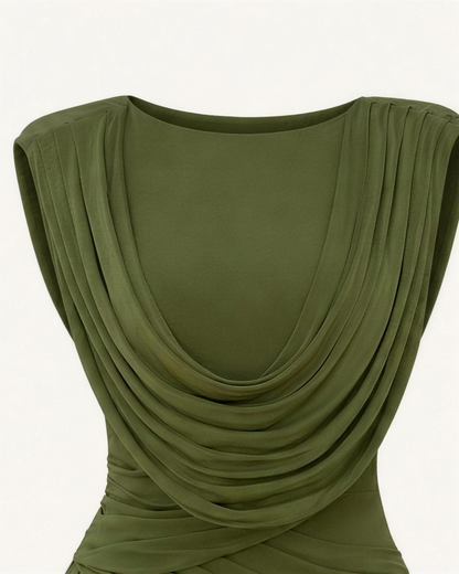 Detail of the Thora boat neckline in olive, the cowl hanging in soft folds from the edge