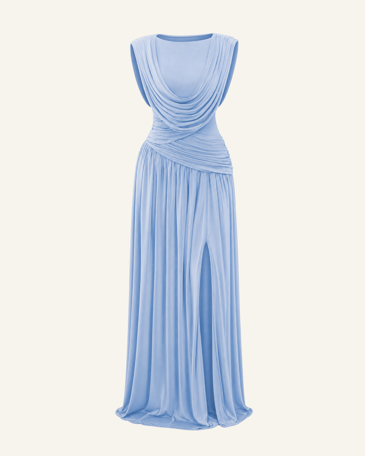 The Thora convertible cowl gown in powder blue, shown alone against a bone background, full length