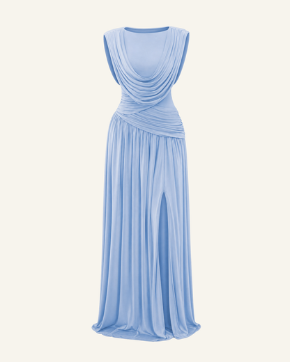 The Thora convertible cowl gown in powder blue, shown alone against a bone background, full length