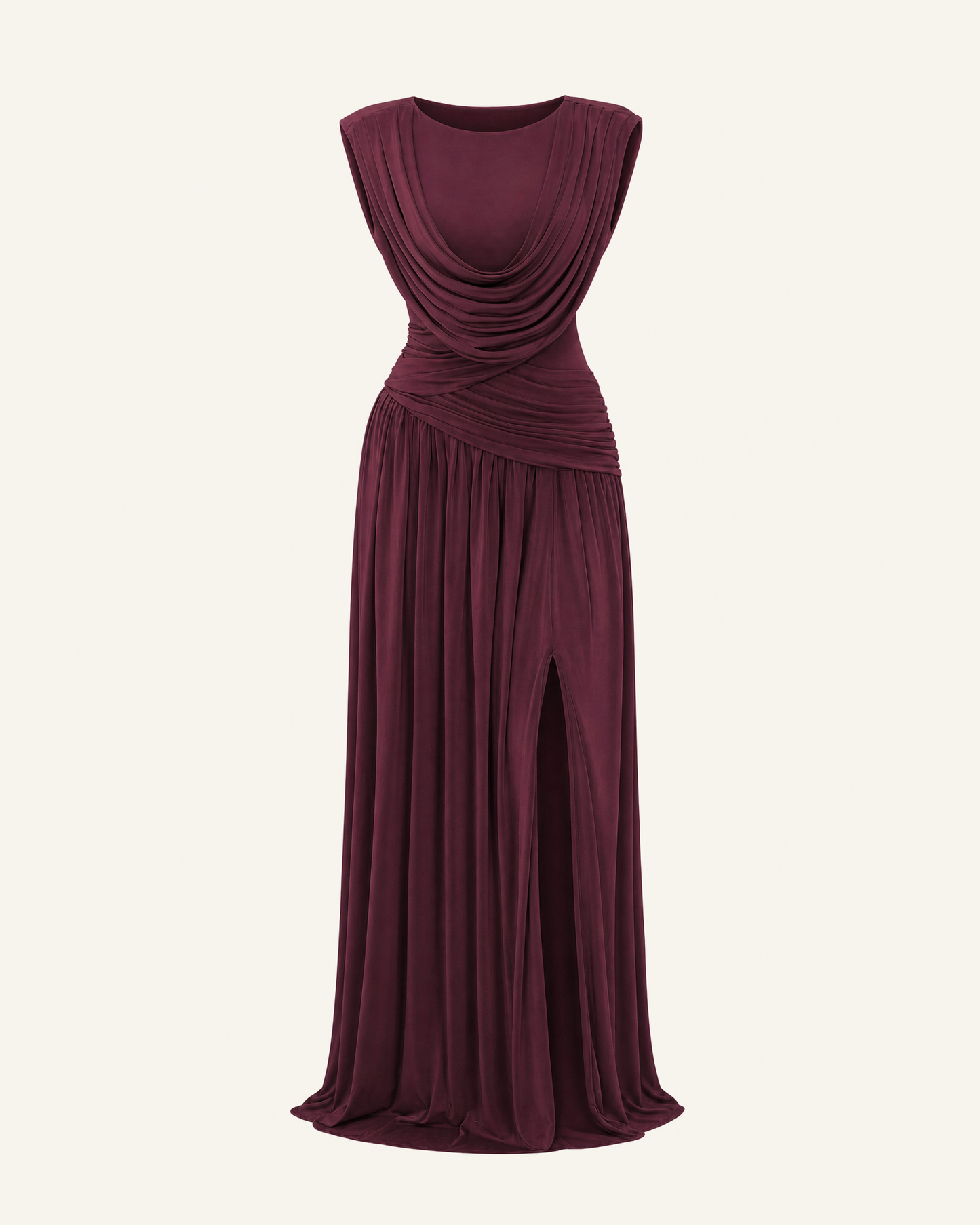 The Thora convertible cowl gown in wine red, shown alone against a bone background, full length