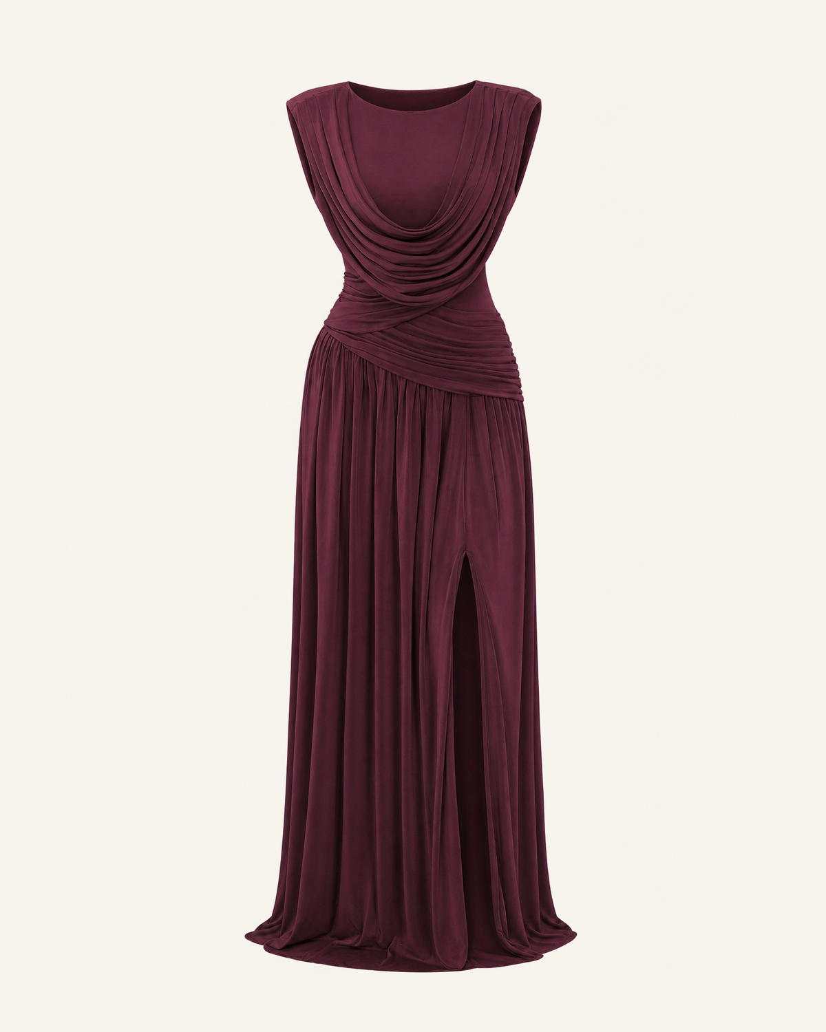 The Thora convertible cowl gown in wine red, shown alone against a bone background, full length