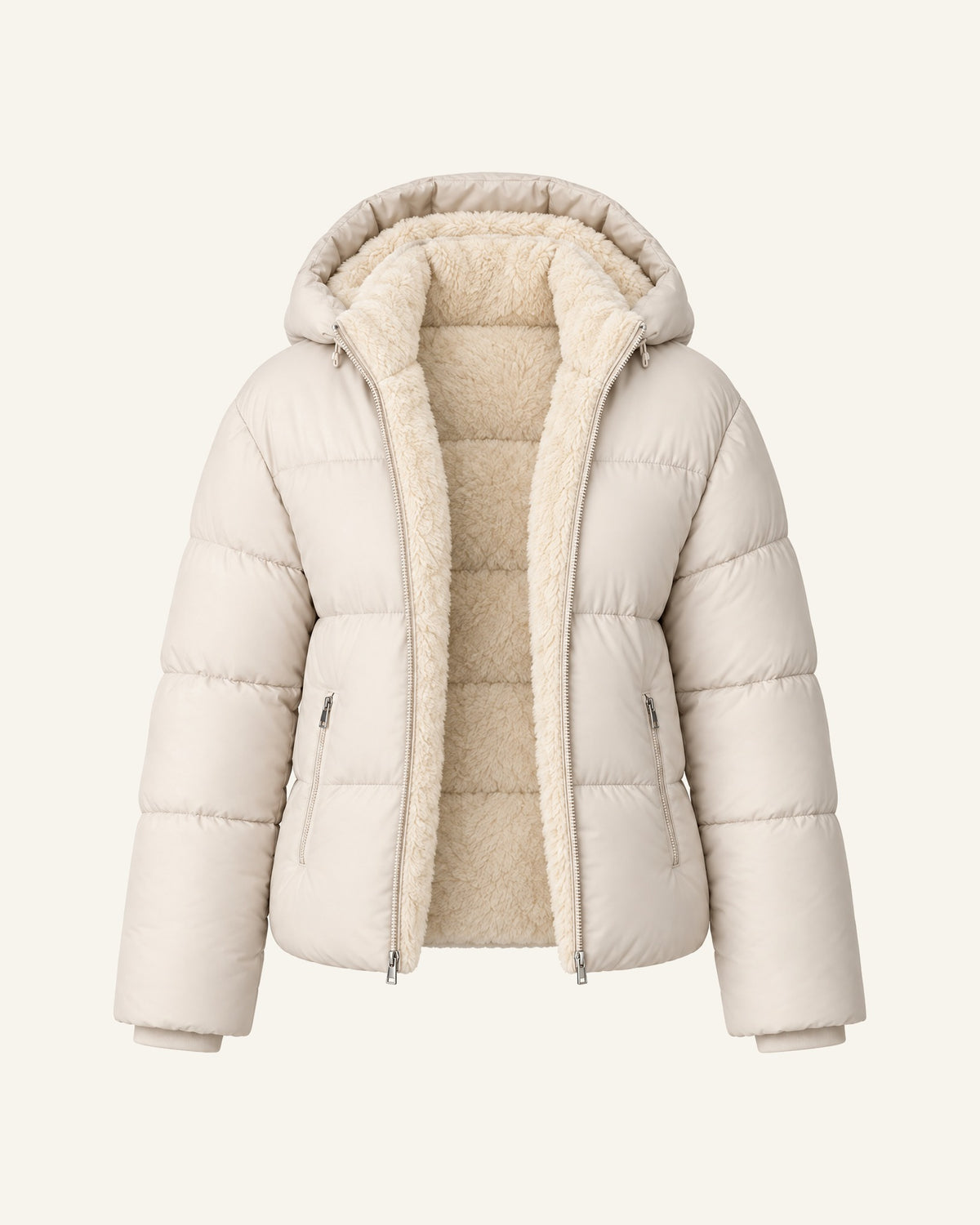 Tove hooded puffer jacket in cream, shown open to the soft faux-fur lining
