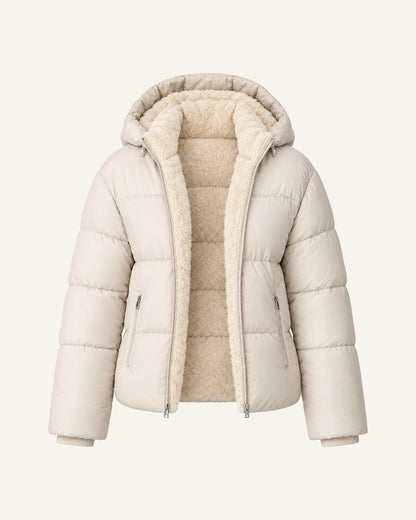 Tove hooded puffer jacket in cream, shown open to the soft faux-fur lining