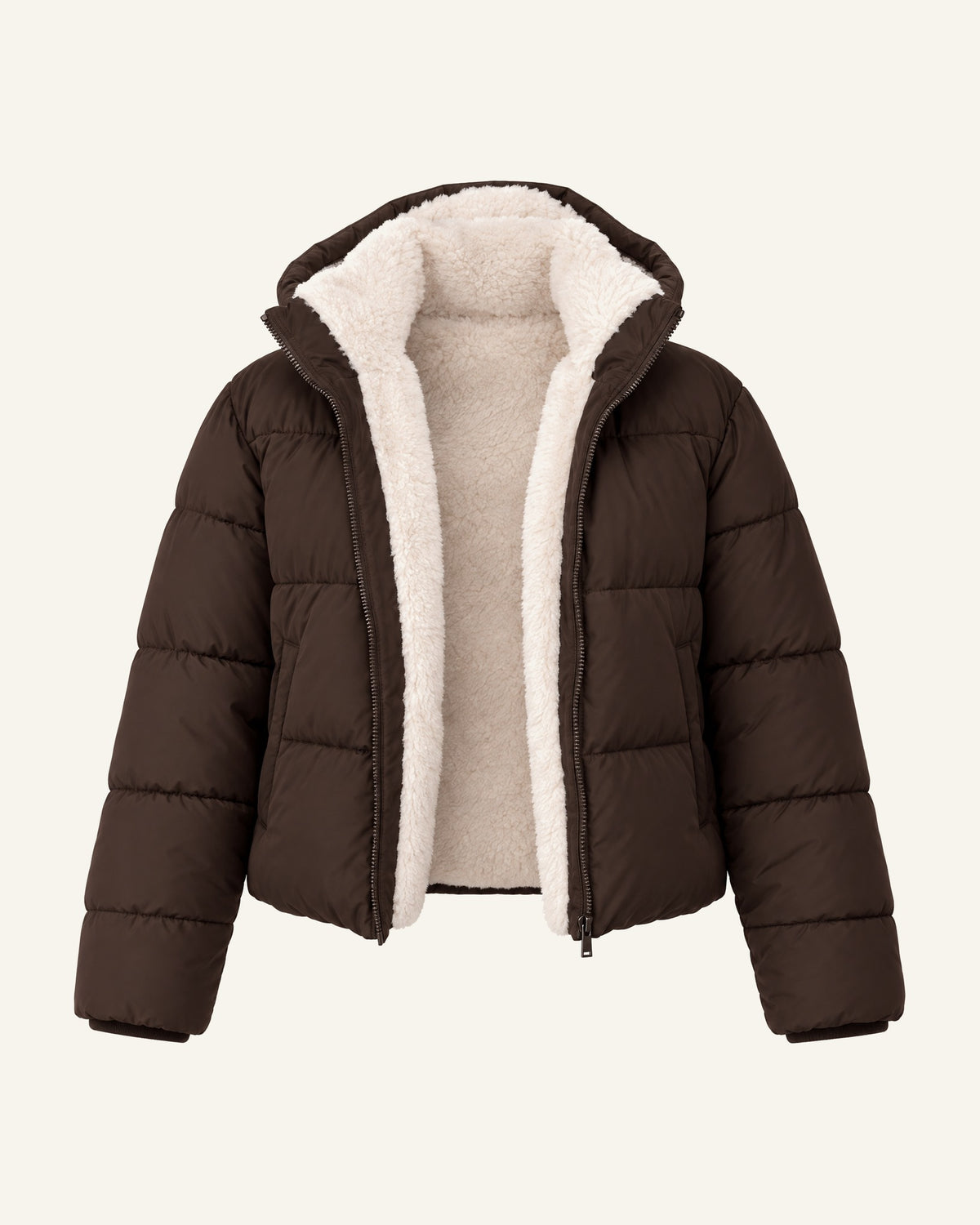 Tove hooded puffer jacket in mocha, shown open to the cream faux-fur lining