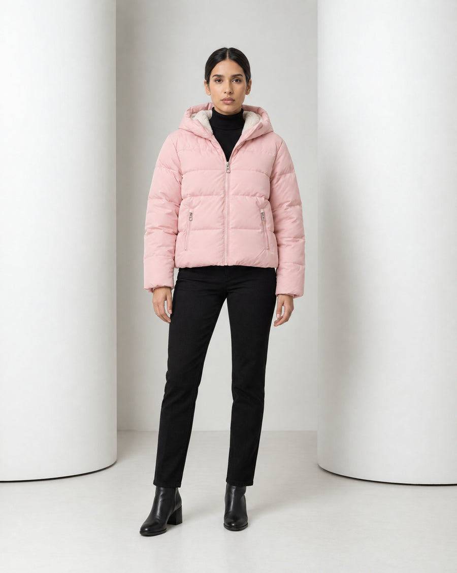 Tove hooded puffer jacket in pink, full-length front view worn over black trousers