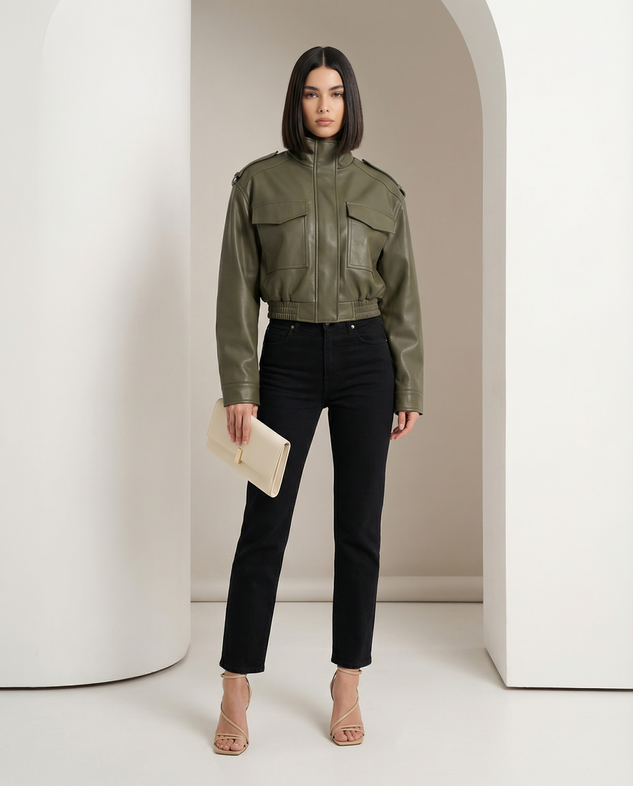 Olive green Veda cropped leather jacket with flap pockets and funnel neck over black jeans
