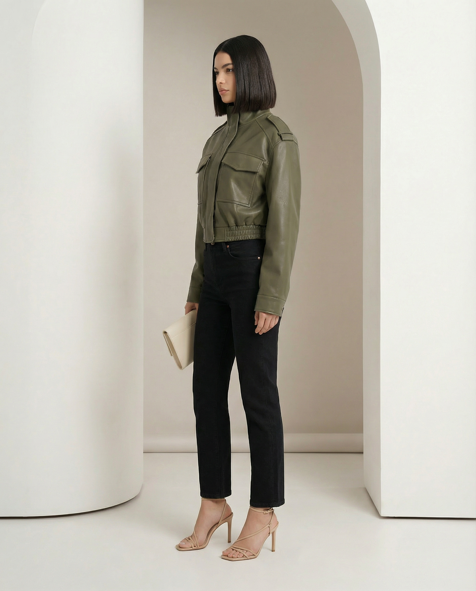 Veda cropped jacket in olive shown from the side, ribbed hem sitting at the natural waist
