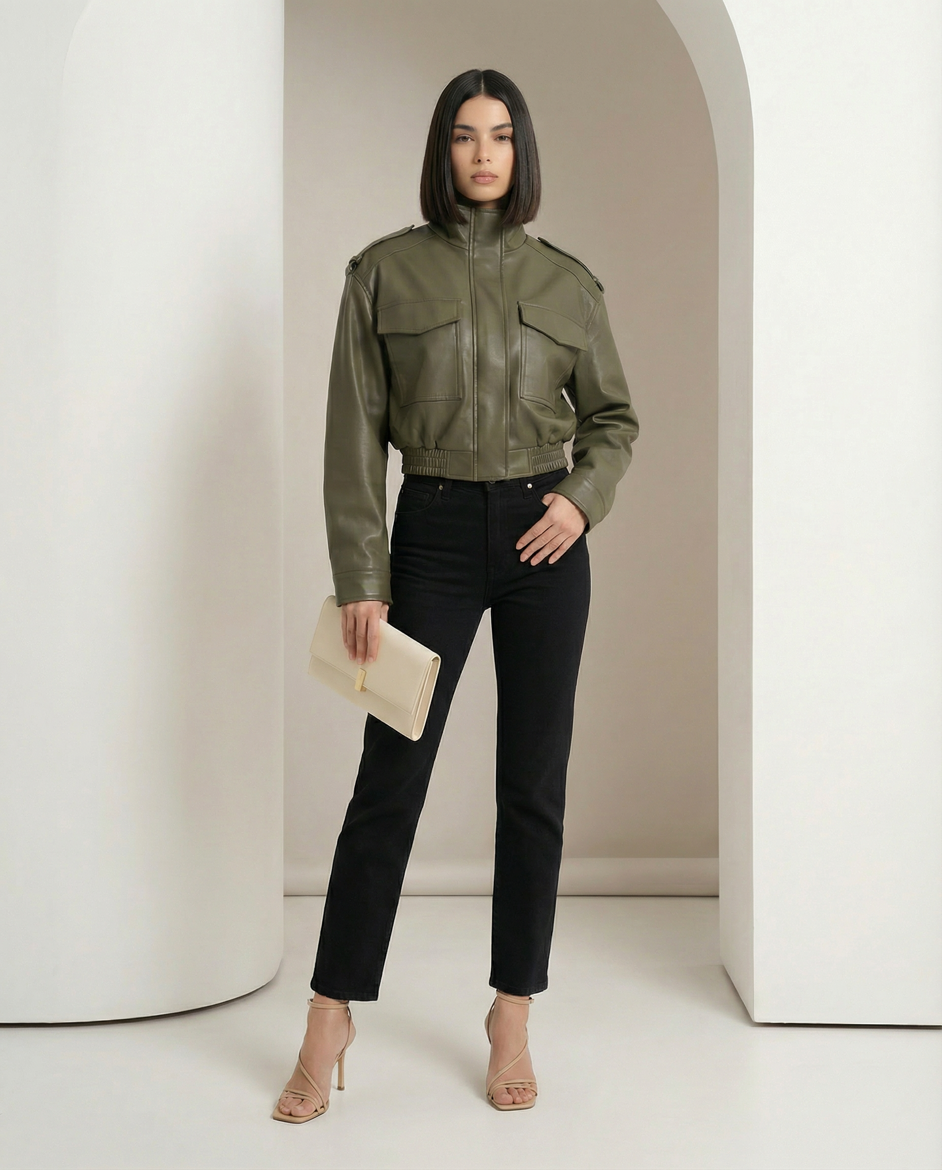 Khaki green cropped leather bomber with a zip front and epaulettes, full-length front view