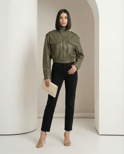 Khaki green cropped leather bomber with a zip front and epaulettes, full-length front view