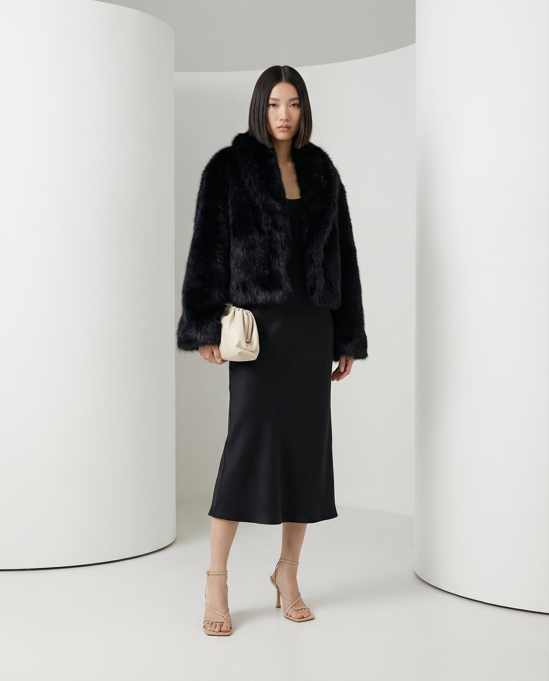 Black Vera faux-fur jacket worn open over a black slip midi skirt, full length front view