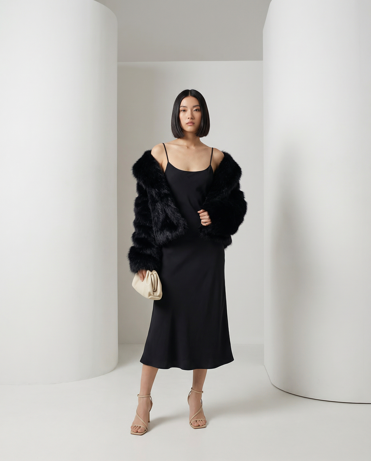 Black cropped faux-fur jacket slipped off the shoulders over a strappy black slip midi dress