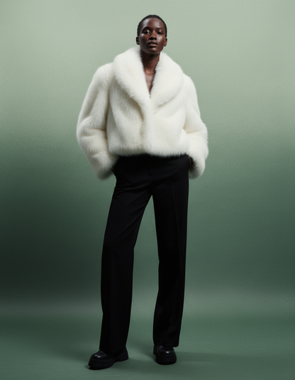 Ivory cropped faux-fur jacket worn with black wide-leg trousers, hands in pockets, green backdrop