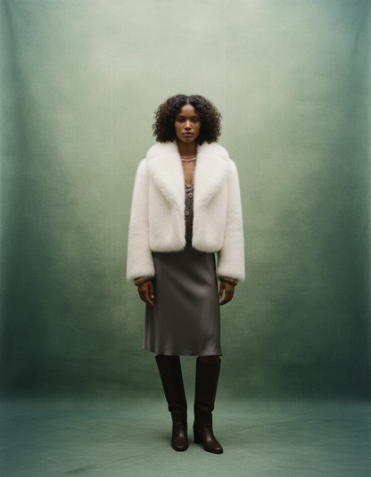 Ivory faux-fur jacket over a bronze satin slip skirt and knee boots, full length on a green backdrop